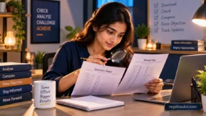 Candidate carefully comparing illustrative answer-key and question-paper sheets at a warmly lit study desk