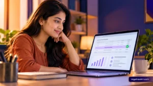 Indian candidate reviewing a government exam result and selection status on a laptop