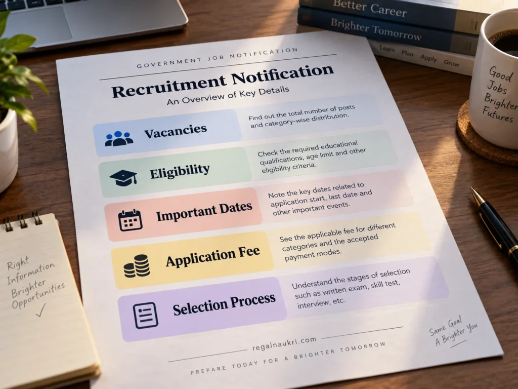 Illustrative recruitment notification showing vacancies eligibility important dates fees and selection process