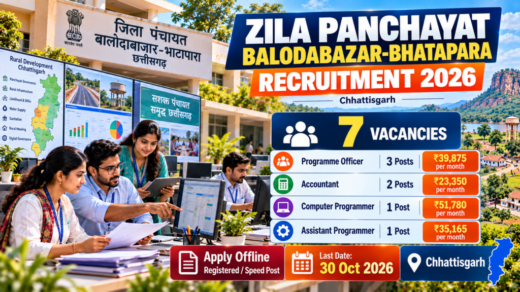 Balodabazar Zila Panchayat Recruitment 2026 for 7 Programme Officer Programmer and Accountant vacancies
