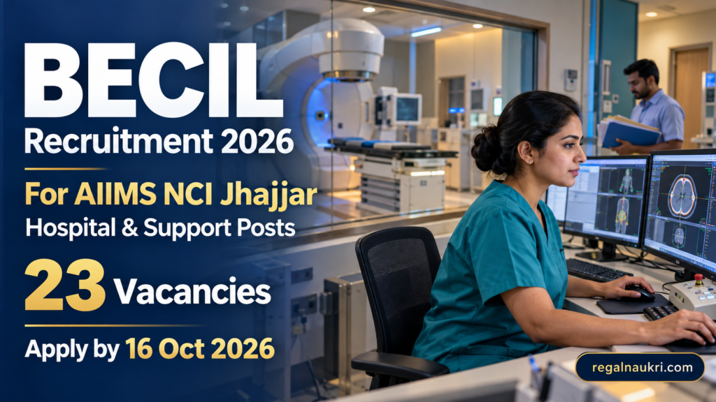 BECIL Recruitment 2026 for 23 hospital and support vacancies at AIIMS NCI Jhajjar, with an oncology technician at a radiotherapy control console