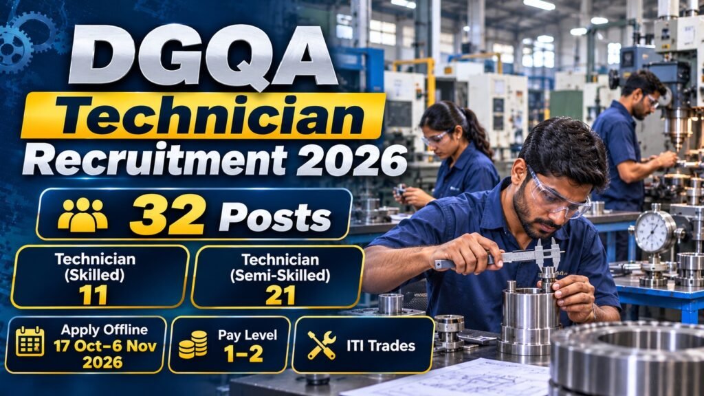 DGQA Technician Recruitment 2026 for 32 Skilled and Semi-Skilled posts