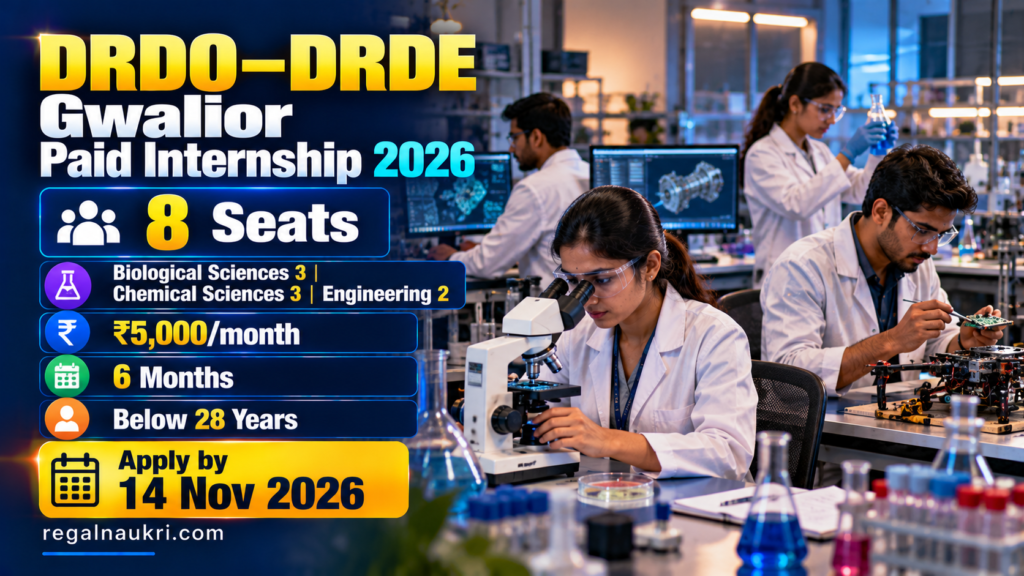 DRDO DRDE Gwalior Paid Internship 2026 for 8 Biological, Chemical and Engineering seats