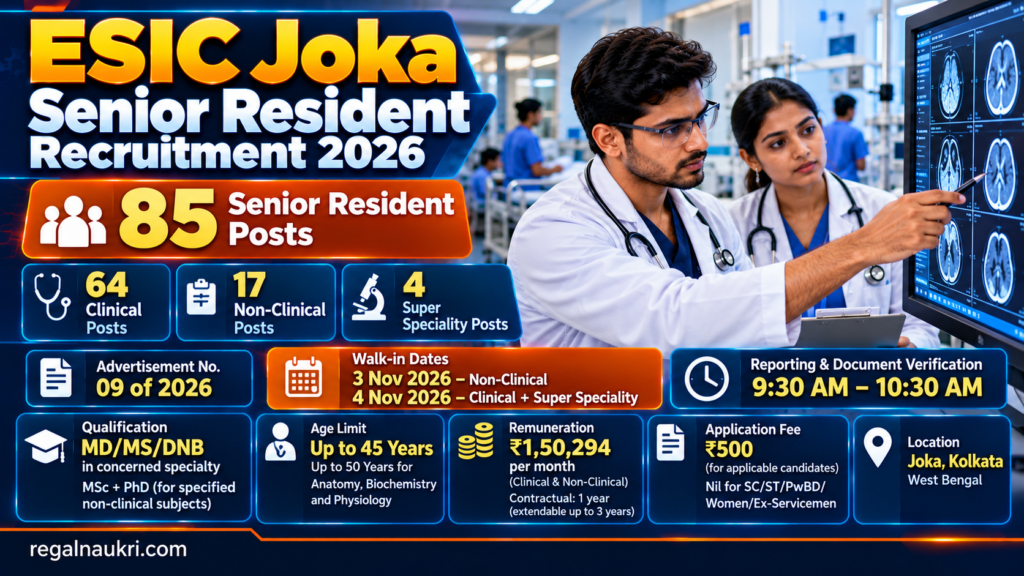 ESIC Joka Senior Resident Recruitment 2026 for 85 clinical non-clinical and super-speciality posts