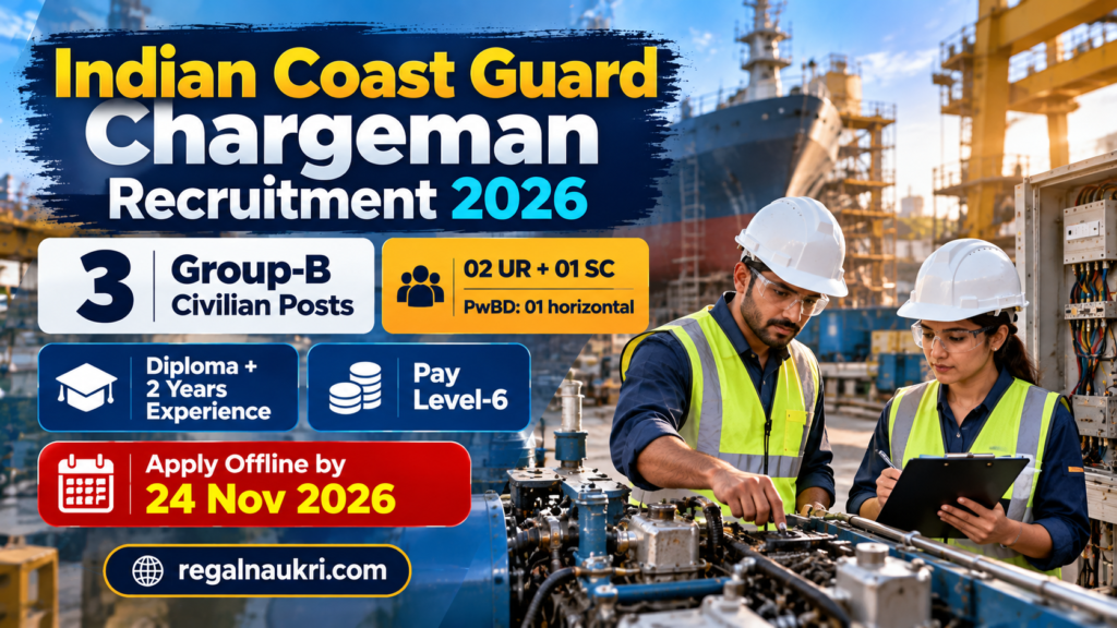 Indian Coast Guard Chargeman Recruitment 2026 for 3 Group-B civilian posts