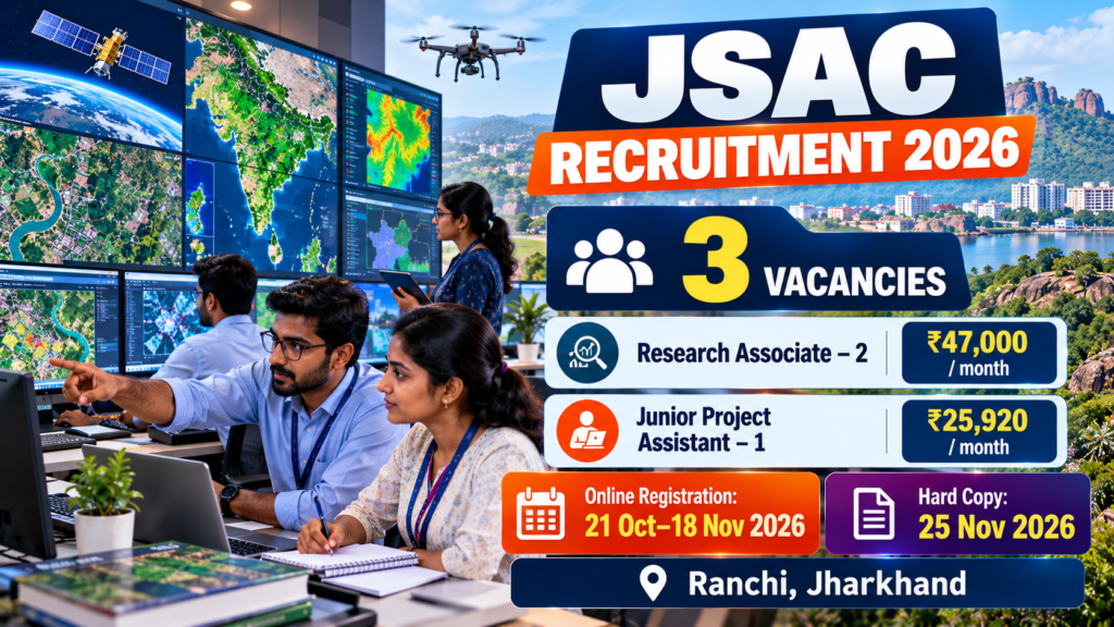JSAC Recruitment 2026 for 3 Research Associate and Junior Project Assistant vacancies in Jharkhand