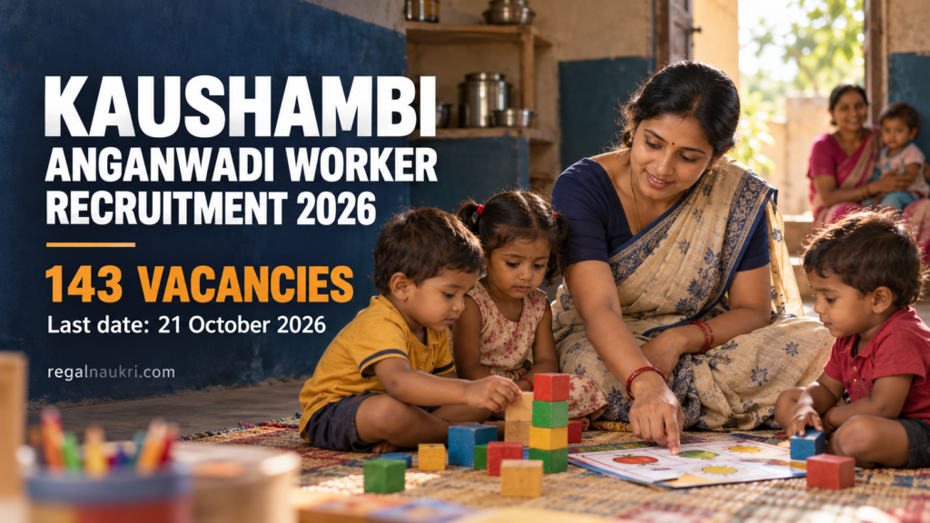 Illustrative Anganwadi worker guiding children, with Kaushambi Recruitment 2026, 143 vacancies and 21 October deadline text