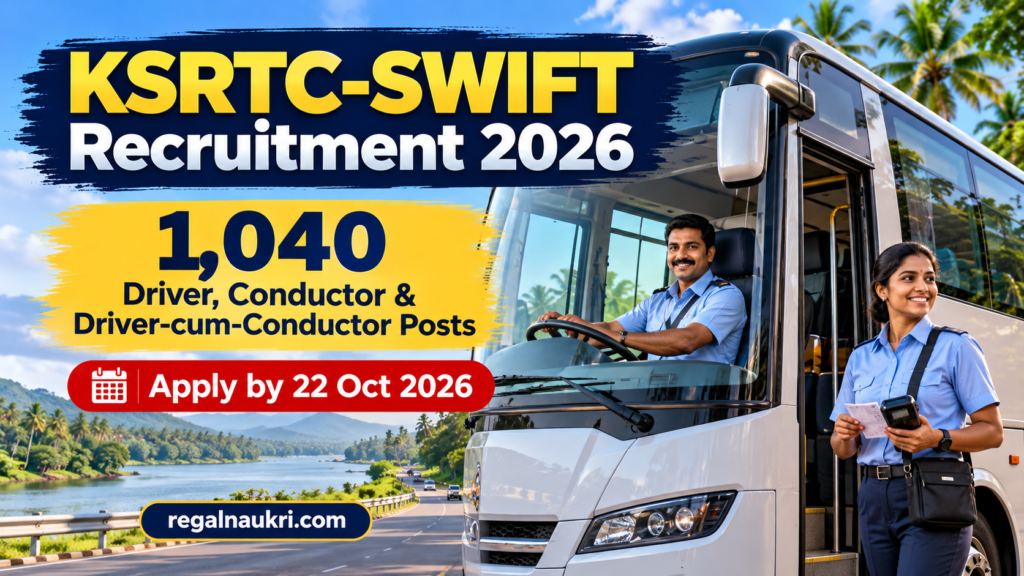 KSRTC SWIFT Recruitment 2026 for 1040 Driver Conductor and Driver-cum-Conductor posts