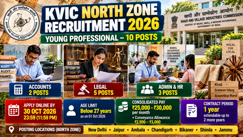 KVIC North Zone Young Professional Recruitment 2026 for 10 Accounts Legal and Admin HR posts
