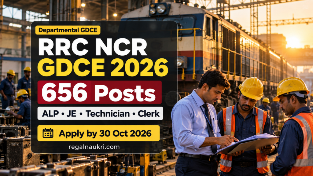 RRC NCR GDCE Recruitment 2026 for 656 ALP JE Technician and Clerk departmental posts