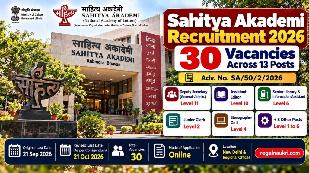 Sahitya Akademi Recruitment 2026 for 30 vacancies across 13 posts